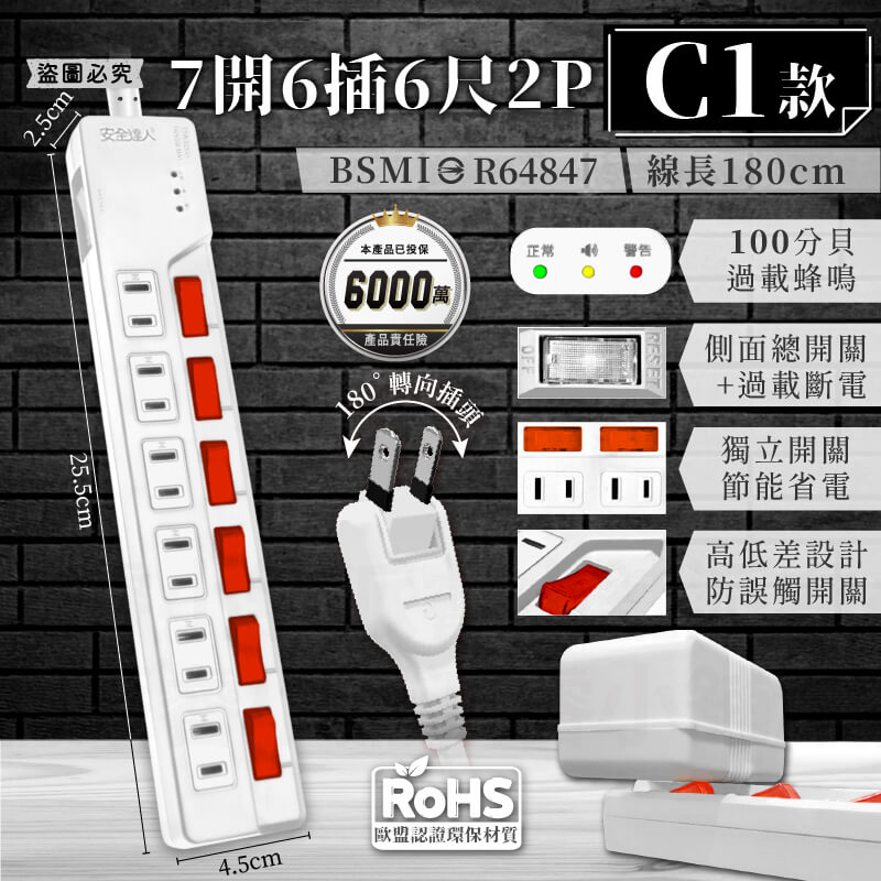 【BiBi聲AI過載警報延長線】1.8M 2.7M 總開關 獨立開關 過載蜂鳴 100分貝警鈴 延長線
