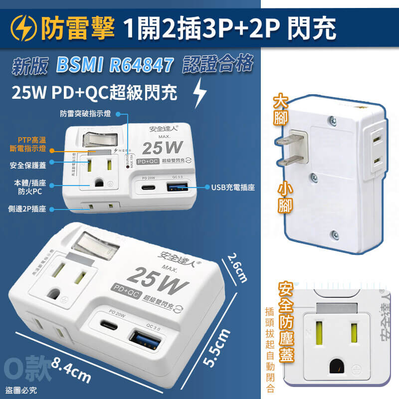 【安全達人 PTP多款分接器】高溫自動斷電 快充 兒童保護蓋 壁插 分接器