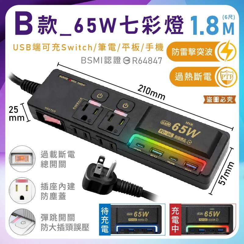 【3開4插2P+3P+USB七彩炫光6尺延長線】PTP高溫斷電 氮化鎵 65W PD QC快充 延長線