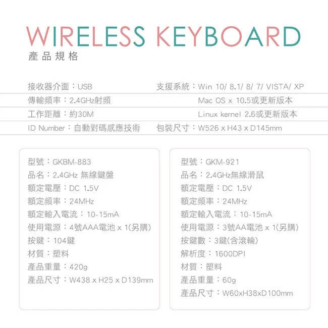【KINYO 粉彩2.4GHz無線鍵鼠組】鍵盤 滑鼠 無線鍵盤 馬卡龍色系【LD313】