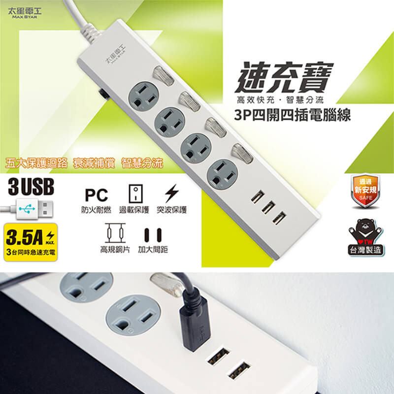 台灣製【3USB+3孔延長線】新安規 USB延長線 USB最高輸出3.5A