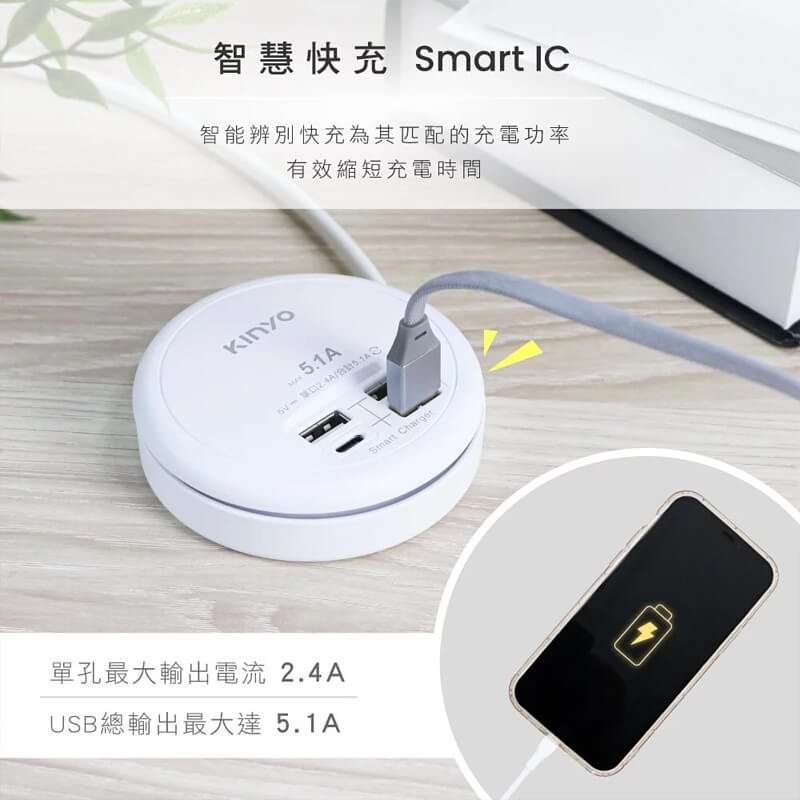 【KINYO 4USB收納式智慧快充分接器】USB充電 延長線 轉盤充電器 分線器 快充【LD790】