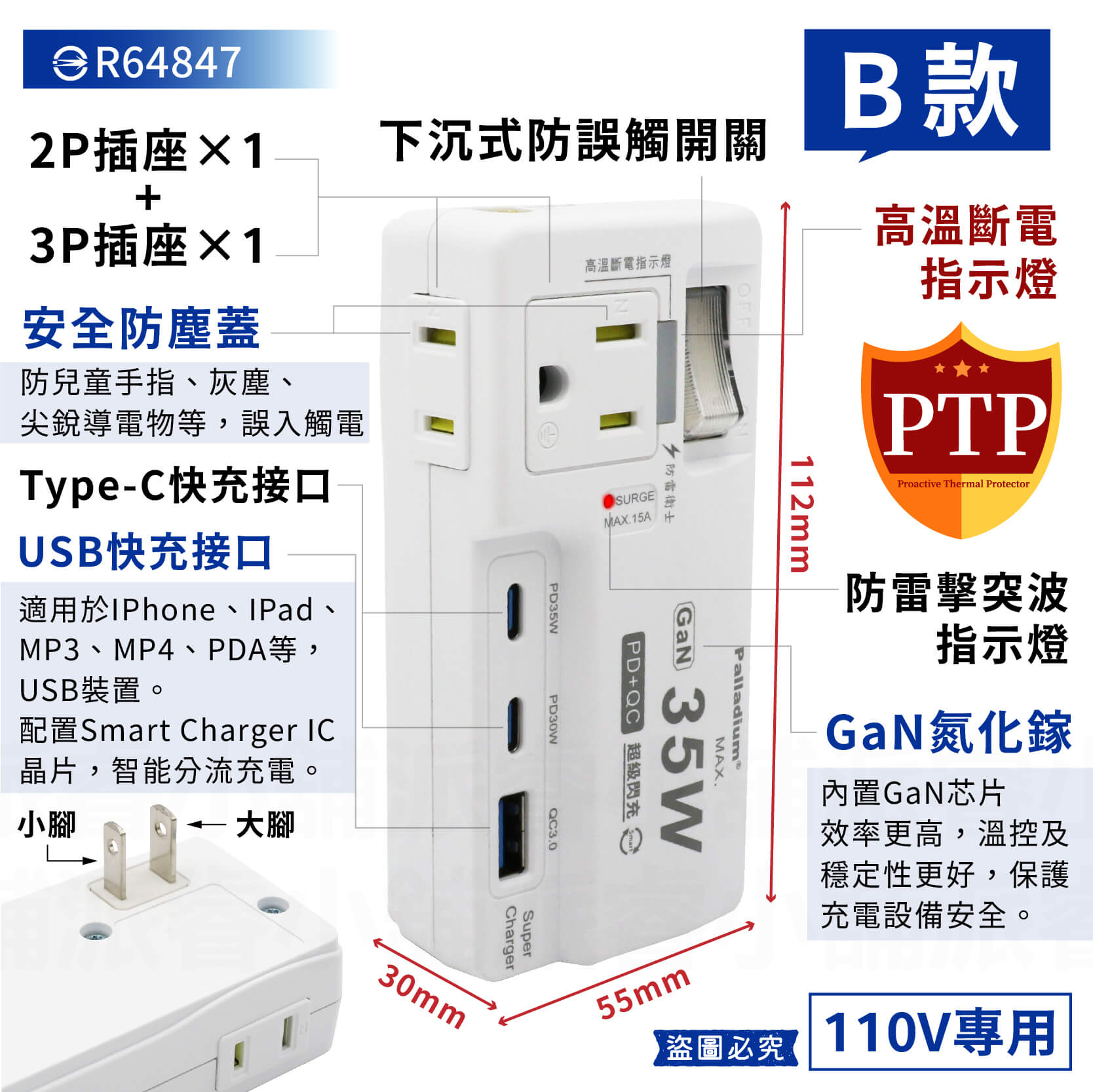 PTP高溫斷電【GAN氮化鎵35W快充USB分接器】iPhone適用 用電安全 壁插 Type-C 充電器【LD939】