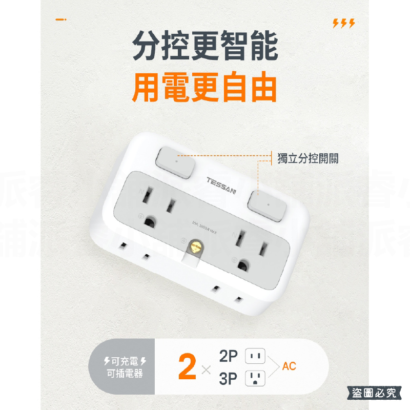 【TESSAN 超大間距2開4插分接器】壁插 正側面立體插座 2P 3P 分接器 超大間距 收納式插頭