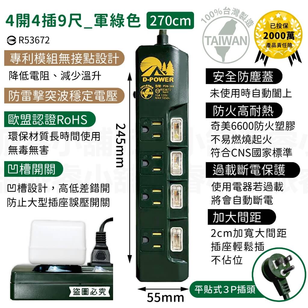 台灣製【軍事/露營風格獨立帶燈開關延長線】軍工風 電源線 過載斷電 突波吸收 防雷擊 防塵蓋 防誤觸開關