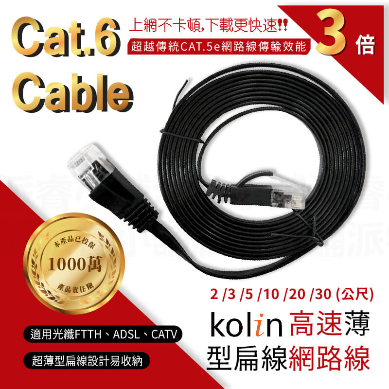 【Cat.6 Cable 歌林高速薄型扁線網路線】超扁線 寬帶線 網路線