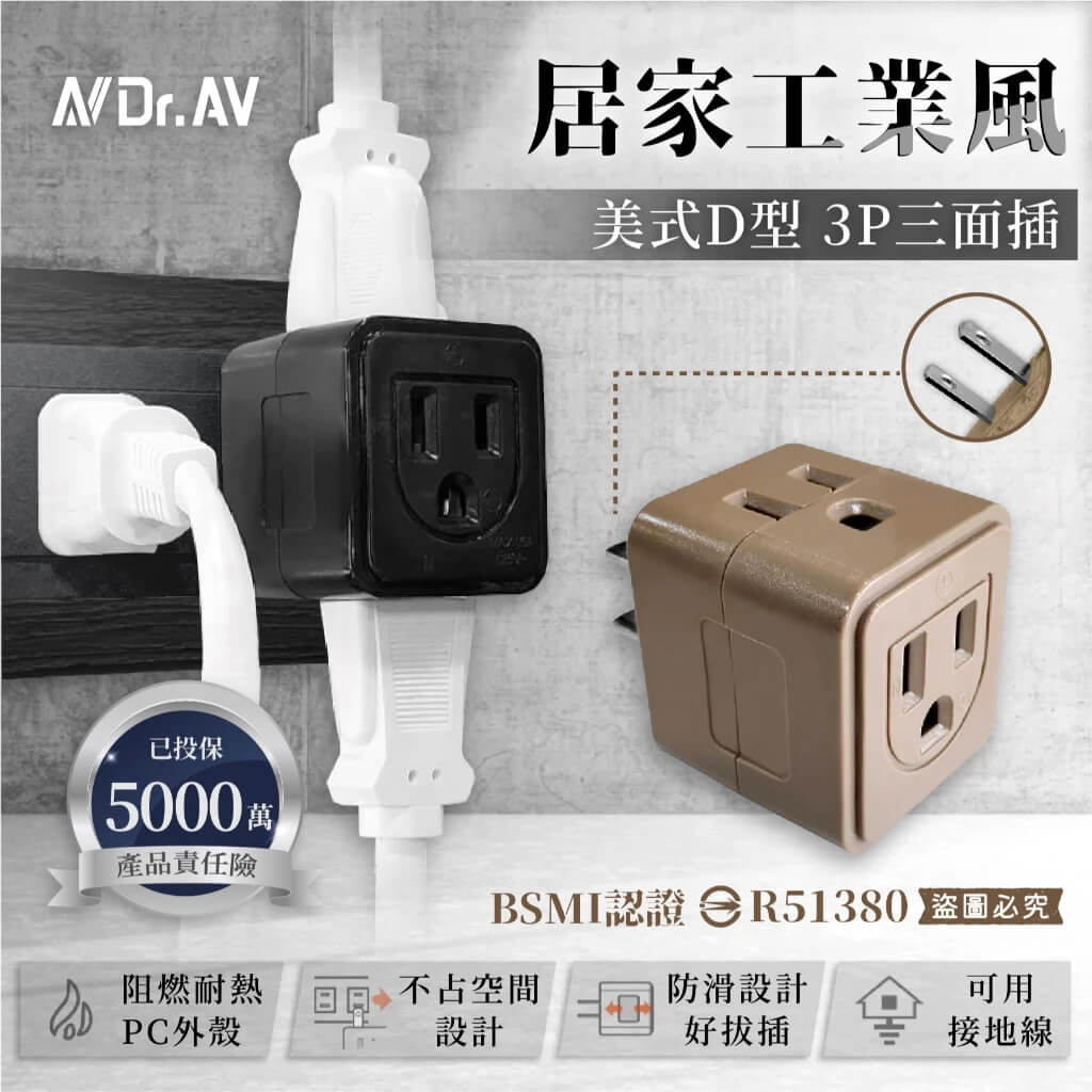 【聖岡 LOFT居家工業風 美式D型3P三面插】三面插 3轉2插頭 插座 插頭 分接器 轉換插 工業風