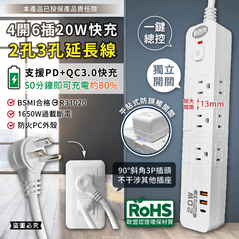 新式按壓開關【利百代 4開6插20W快充延長線】斜角插頭 不打架 PD QC 20W快充 3P 2P