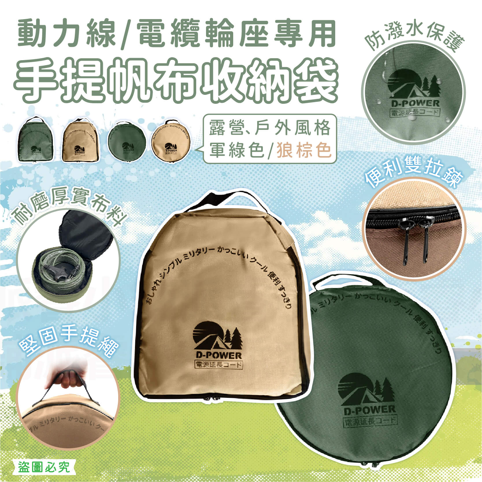【動力線/電纜輪座專用 手提帆布收納袋】軍工風 露營必備 手提 帆布袋 防潑水 電纜輪座收納袋 收納袋