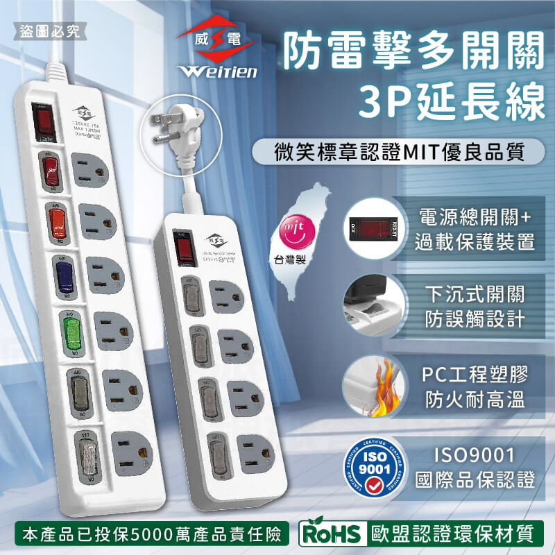 台灣製【威電 防雷擊多開關延長線】總開關 突波吸收 防雷擊 過載斷電 防火材質 延長線 微笑標章 3P