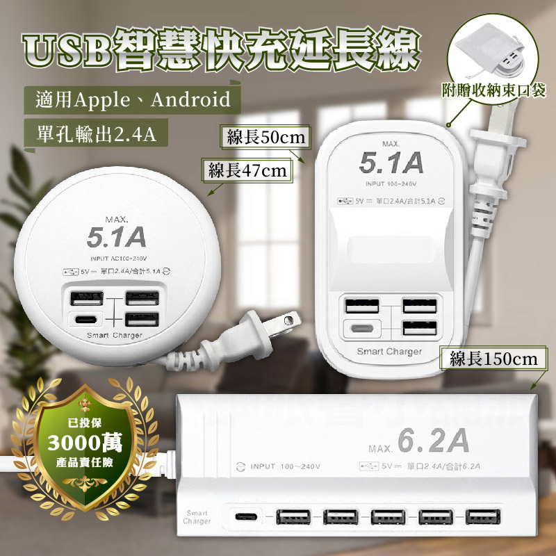 【USB智慧快充延長線】單孔2.4A  隱藏式收線  Type-C  2P插頭 USB延長線