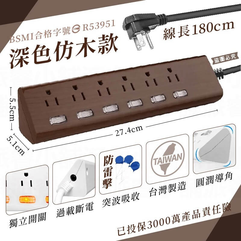 台灣製【6開6插6尺直角延長線】線長1.8M 安全延長線 突波吸收 貼合牆壁