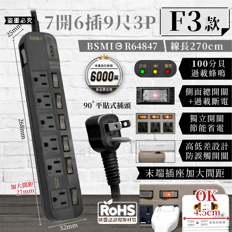 【BiBi聲AI過載警報延長線】1.8M 總開關 獨立開關 過載蜂鳴 100分貝警鈴 延長線 3P 2P