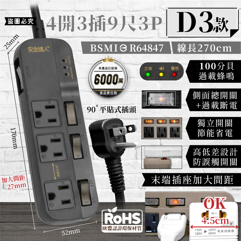【BiBi聲AI過載警報延長線】1.8M 總開關 獨立開關 過載蜂鳴 100分貝警鈴 延長線 3P 2P