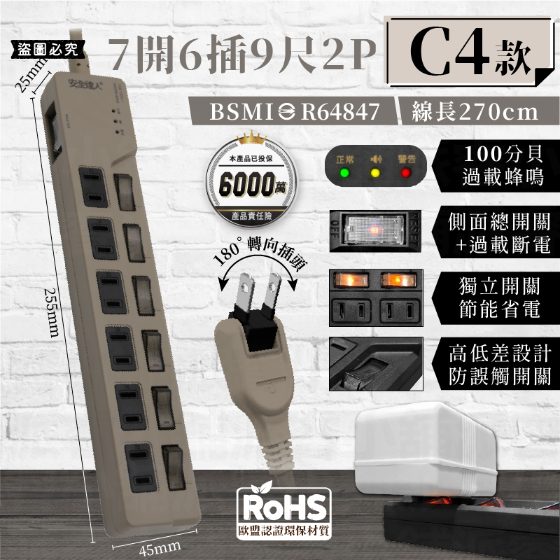 【BiBi聲AI過載警報延長線】1.8M 總開關 獨立開關 過載蜂鳴 100分貝警鈴 延長線 3P 2P
