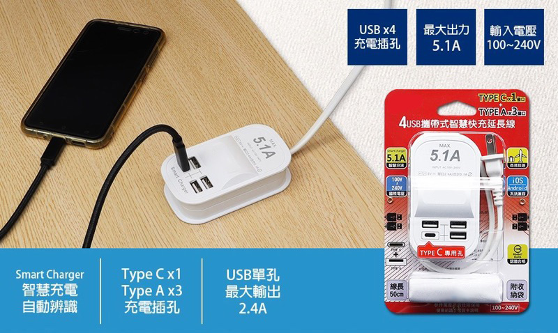 【USB智慧快充延長線】單孔2.4A  隱藏式收線  Type-C  2P插頭 USB延長線
