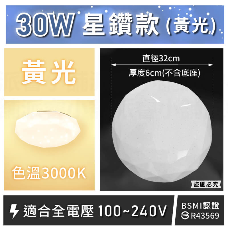 【富山 快拆式專利燈座LED星光吸頂燈】30W 16W 防塵防水 全電壓適用 鑽石造型 星星燈 吸頂燈