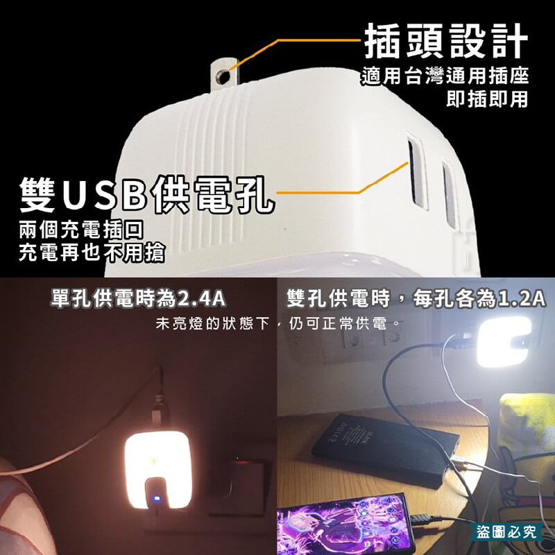 【可調光紅外線感應燈】USB雙孔供電 延時關燈 延長保固 即插即用 黃光 白光 亮度可調 旋轉插座