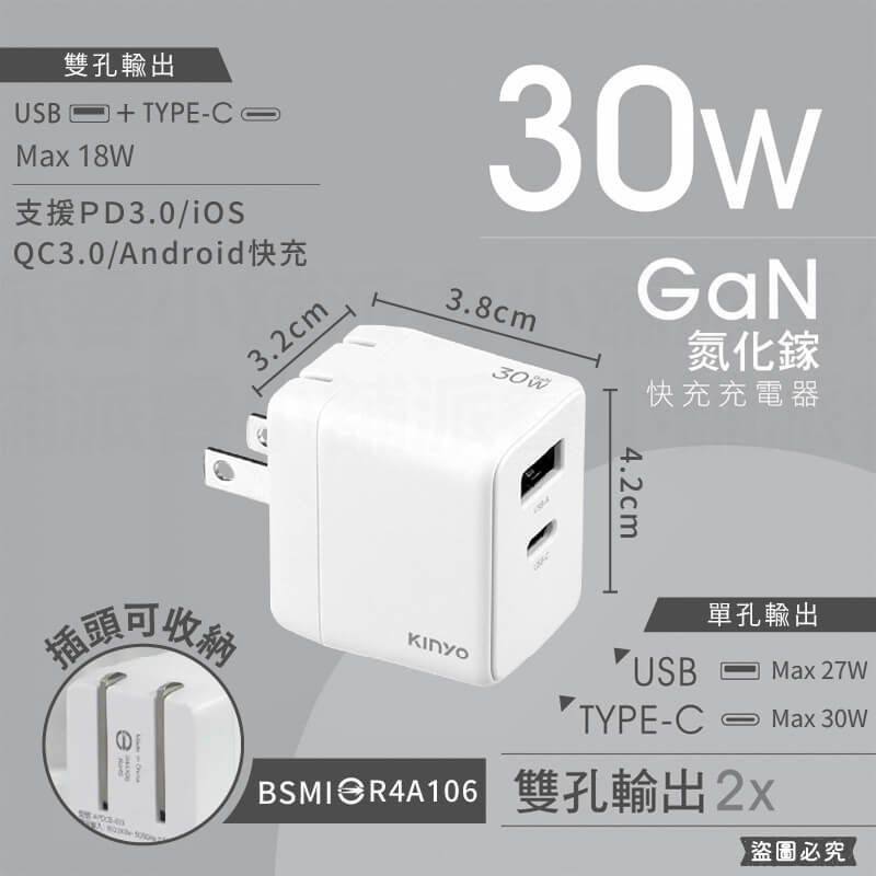 【KINYO GaN氮化鎵PD3.0+QC充電器】快充 國際電壓 氮化鎵充電器 USB 充電器 GaN