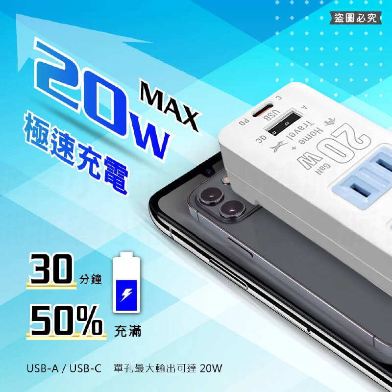 【氮化鎵20W快充2P延長線】120公分 延長線 Type-C USB充電 快充 QC PD 氮化鎵