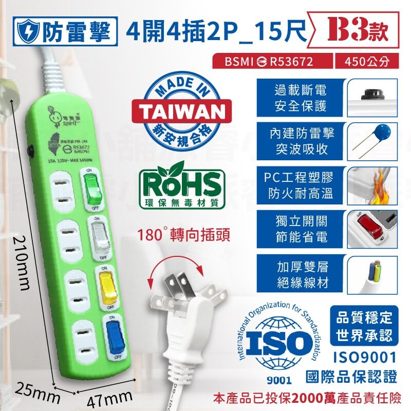 台灣製【馬卡龍色系 過載斷電2P延長線】旋轉插頭 新安規 自動斷電  延長線 2P