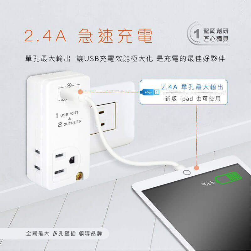 【聖岡急速充電2.4A分接插座】插座 充電 IPAD充電 充電器 USB插座 快充 分接器 豆腐頭【LD771】