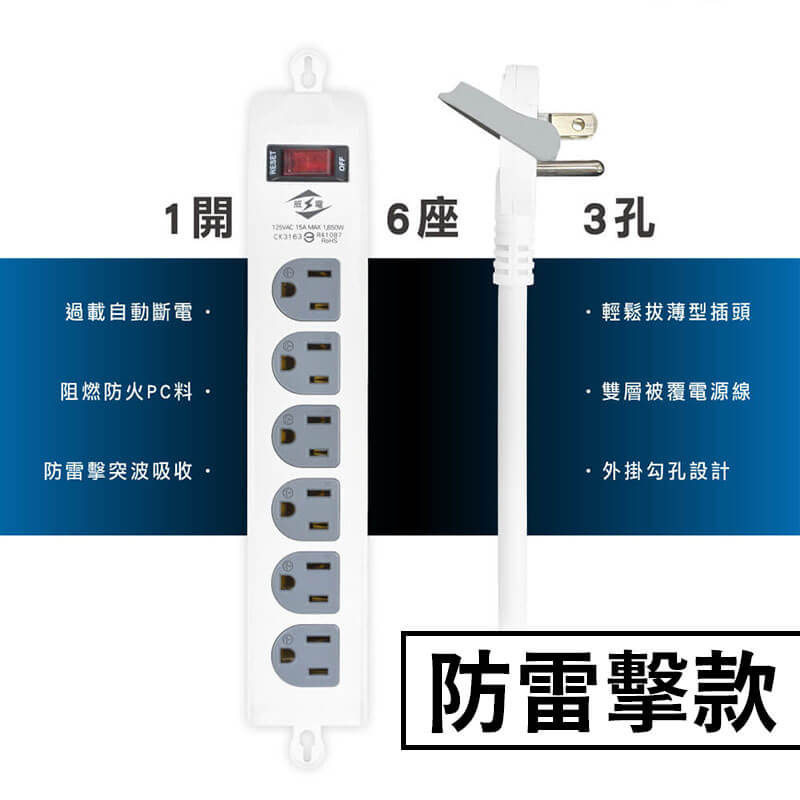 台灣製【威電牌 1開6插3孔延長線】4尺 6尺 9尺 15尺 延長線 防雷擊 突波吸收 耐熱刃片 電源線