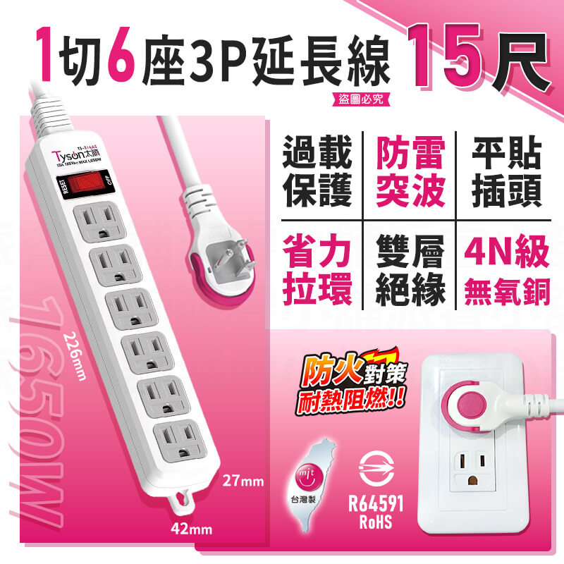 台灣製造【1切4座/6座3P安全延長線】過載斷電 防雷突波 平貼插座 耐熱 安全延長線