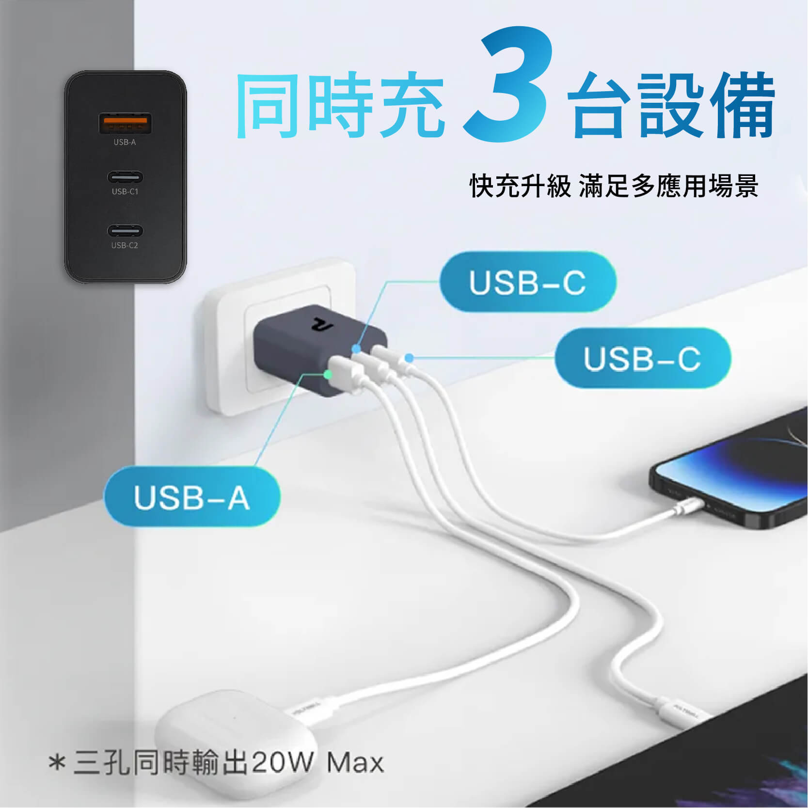 【POLYWELL 30W三孔PD快充頭】 GaN氮化鎵 蘋果 雙Type-C+USB 快充 三孔