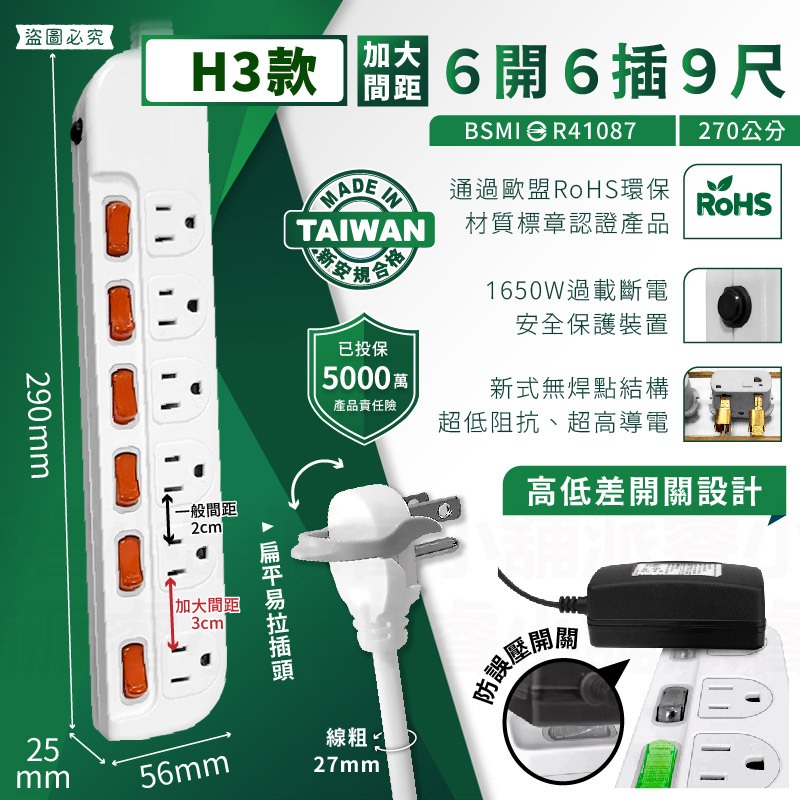 台灣製造【獨立開關三孔延長線】獨立開關 過載斷電