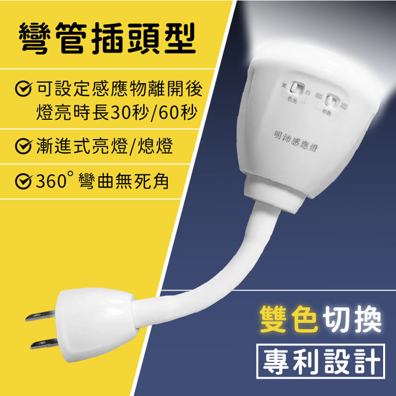 專利設計【4W雙色感應燈】可切換黃/白光 設定亮燈時長 漸進亮燈 小夜燈 感應燈 紅外線感應燈 2P插頭