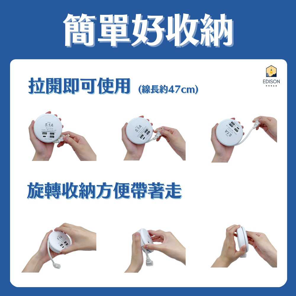 【USB智慧快充延長線】單孔2.4A  隱藏式收線  Type-C  2P插頭 USB延長線
