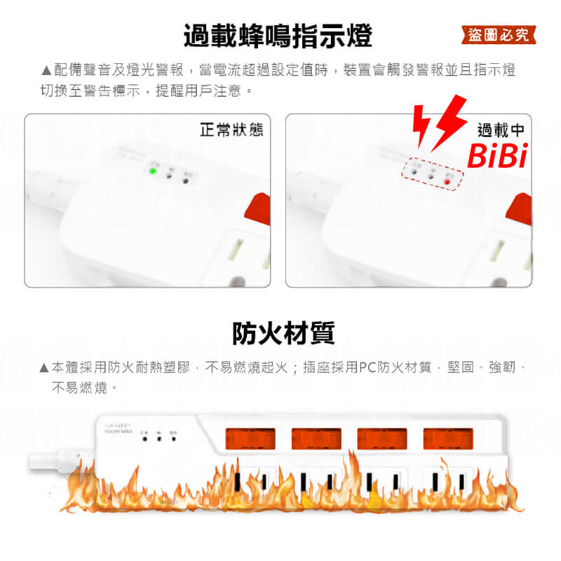 【BiBi聲AI過載警報延長線】1.8M 2.7M 總開關 獨立開關 過載蜂鳴 100分貝警鈴 延長線