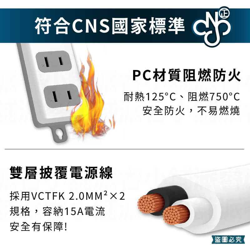 台灣製~微笑標章認證【威電 3插2P延長線】過載斷電 防火材質 延長線 2P插座
