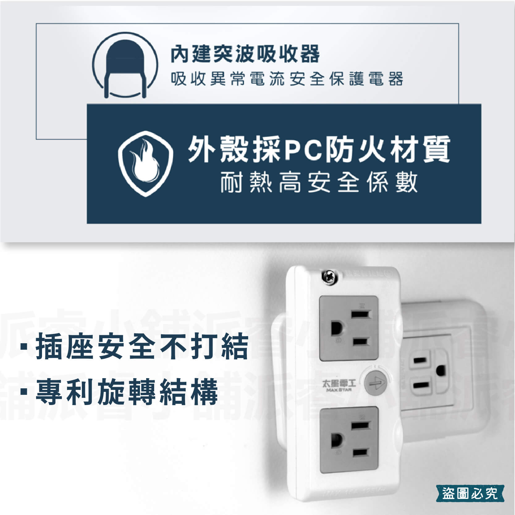 專利設計【太星電工 4插分接式旋轉插座】分接器 插座 2P 3P 大間距插座 突波吸收 180度轉向設計【LD878】
