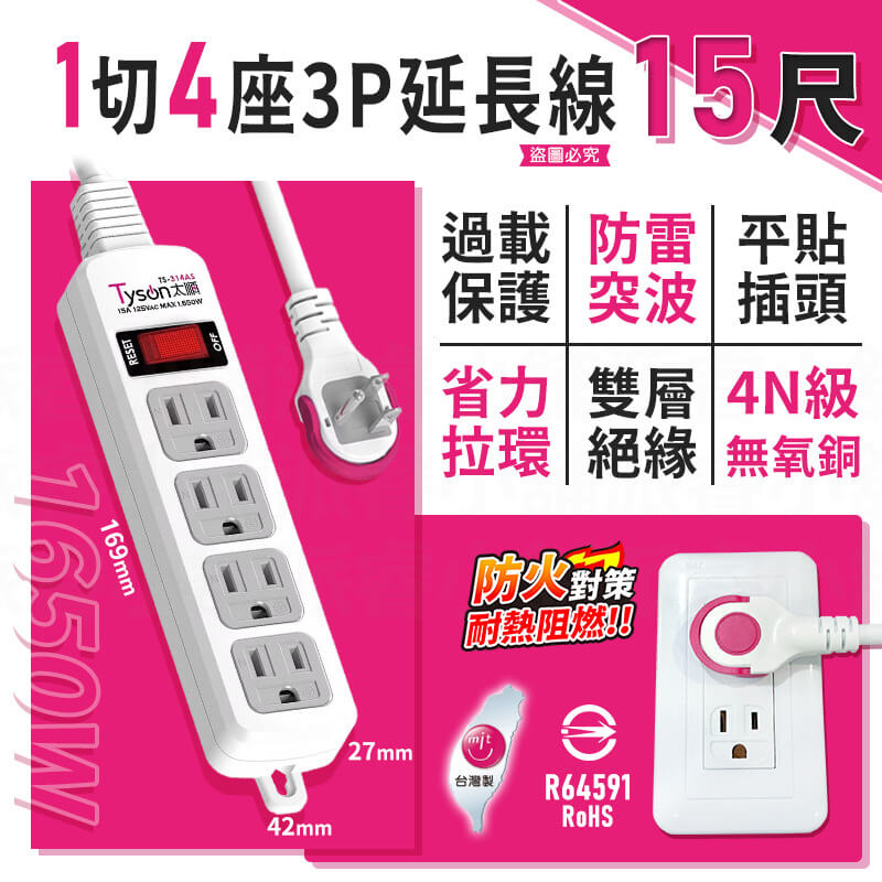 台灣製造【1切4座/6座3P安全延長線】過載斷電 防雷突波 平貼插座 耐熱 安全延長線