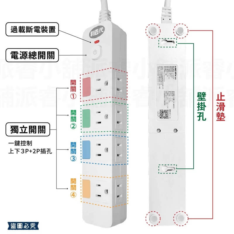 新式按壓開關【利百代 5開8插加大間距延長線】斜角插頭 不打架 加大間距 3P 2P 獨立開關