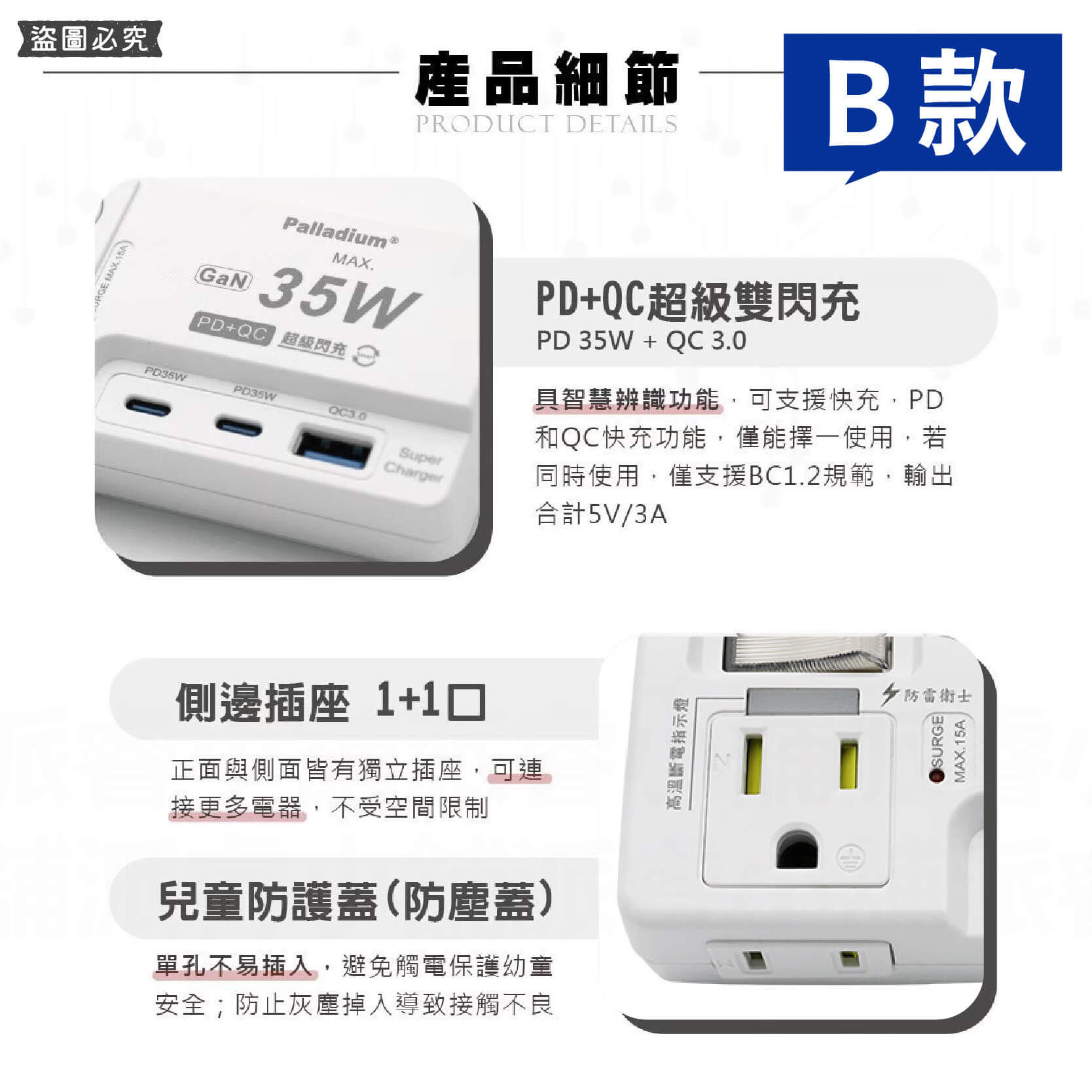 PTP高溫斷電【GAN氮化鎵35W快充USB分接器】iPhone適用 用電安全 壁插 Type-C 充電器【LD939】