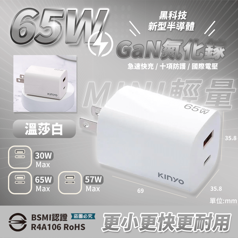 【KINYO 氮化鎵雙孔PD充電器65W/40W/35W/20W】快充 黑科技 mini 國際電壓