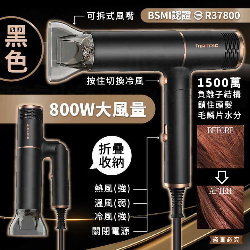 【松木家電 800W折疊式負離子吹風機】負離子 頭髮柔順 折疊式 輕巧 風嘴可拆 吹風機 大風量快乾