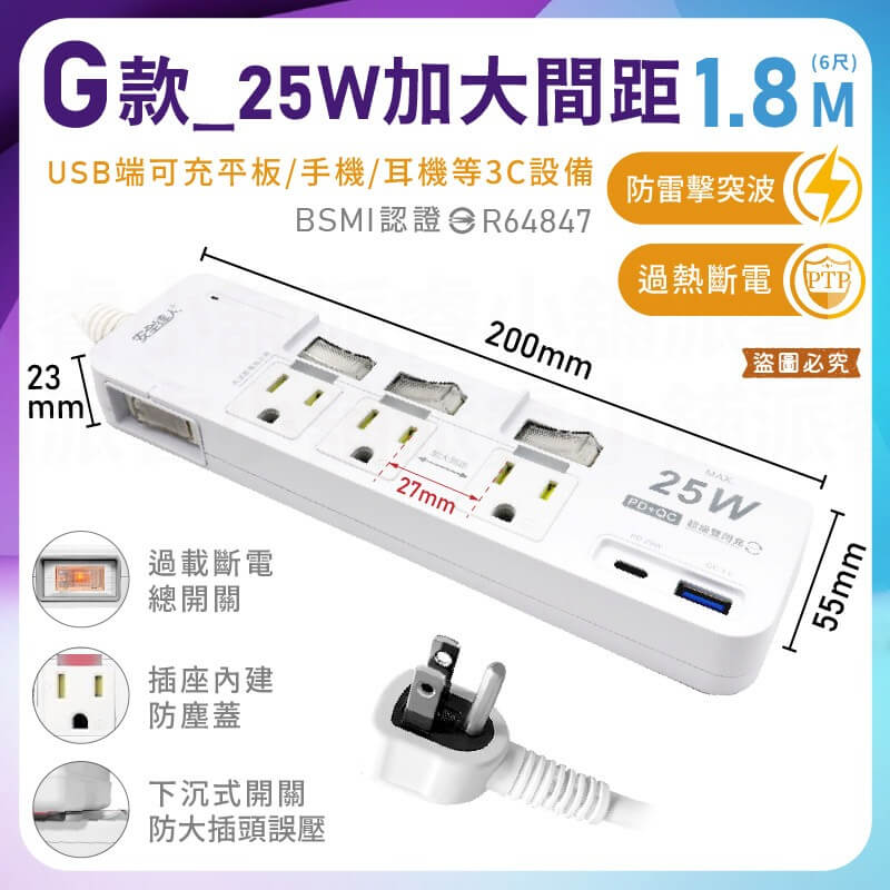 【3開4插2P+3P+USB七彩炫光6尺延長線】PTP高溫斷電 氮化鎵 65W PD QC快充 延長線