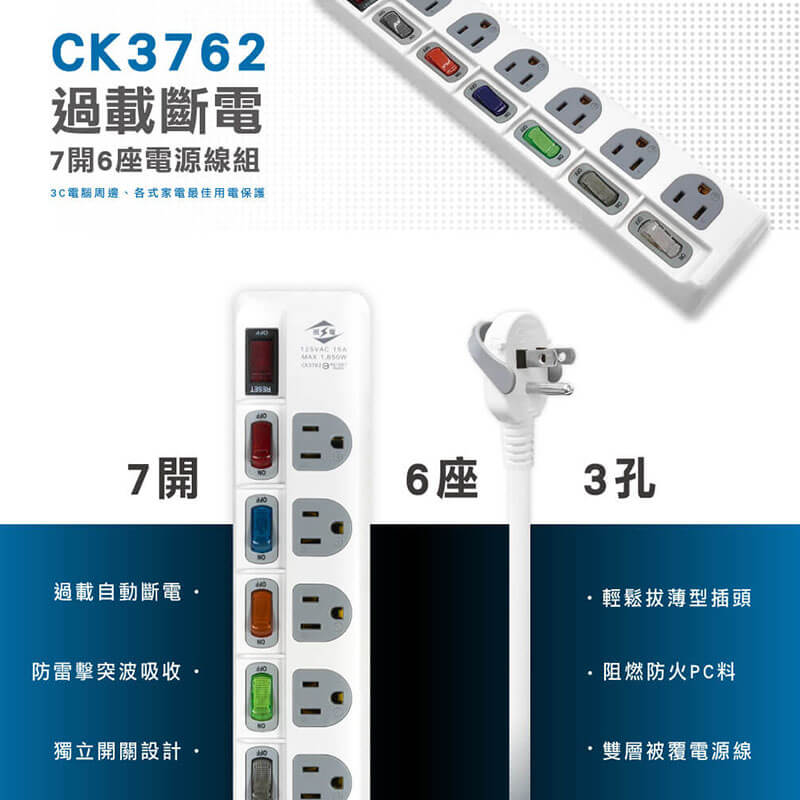 台灣製～防雷擊【威電 防雷擊多開關延長線】總開關 突波吸收 過載斷電 防火材質 延長線 微笑標章 3P