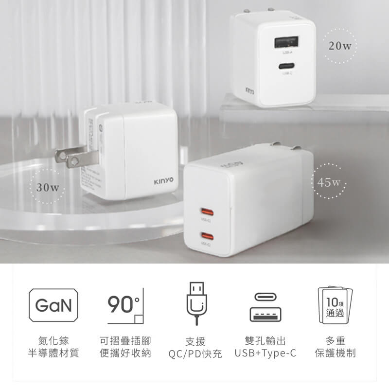 【KINYO GaN氮化鎵PD3.0+QC充電器】快充 國際電壓 氮化鎵充電器 USB 充電器 GaN
