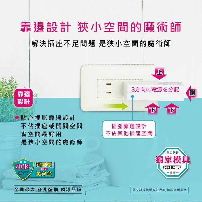 【聖岡科技 日式三面4插分接器】擴充插座 壁插 分接式插座 分接器 1擴4插座 2孔插座