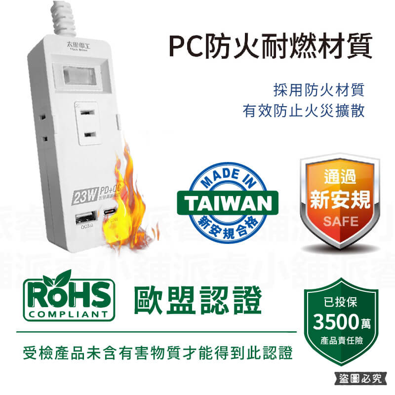 台灣製~防雷擊⚡️【太星電工 USB快充23W 1開3插延長線】 旋轉插頭 PD QC C孔 USB充電【LD1070】