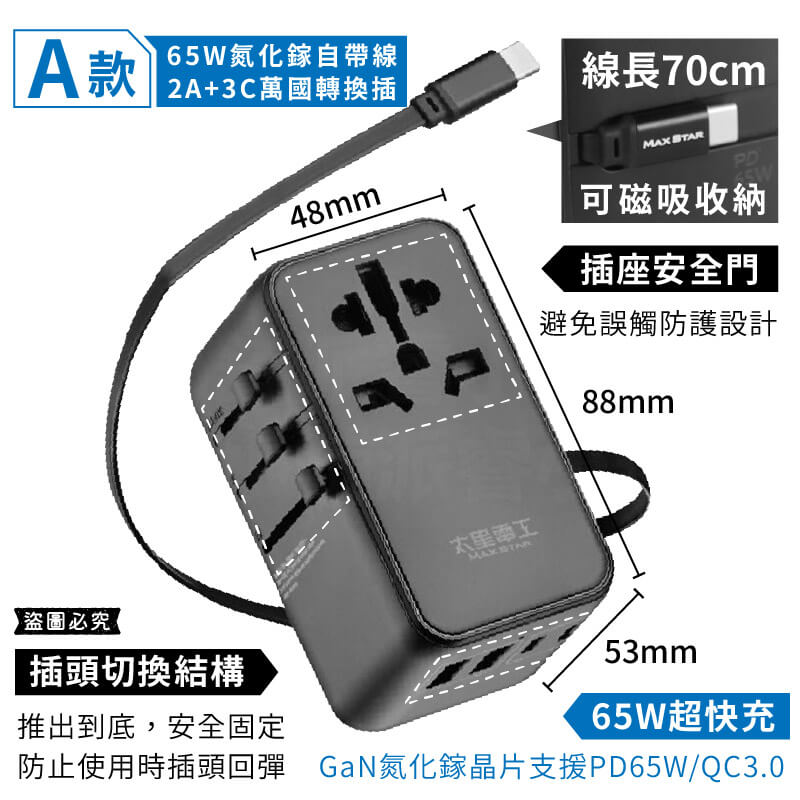 【太星電工 氮化鎵USB+萬國轉換插頭】轉換插頭 出國旅遊 萬國轉接頭 國外插頭 USB插座 旅行插頭