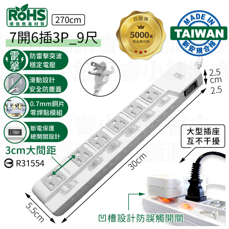 台灣製【防雷擊突波3孔延長線】滑動防塵蓋 加大間距 3P 過載斷電