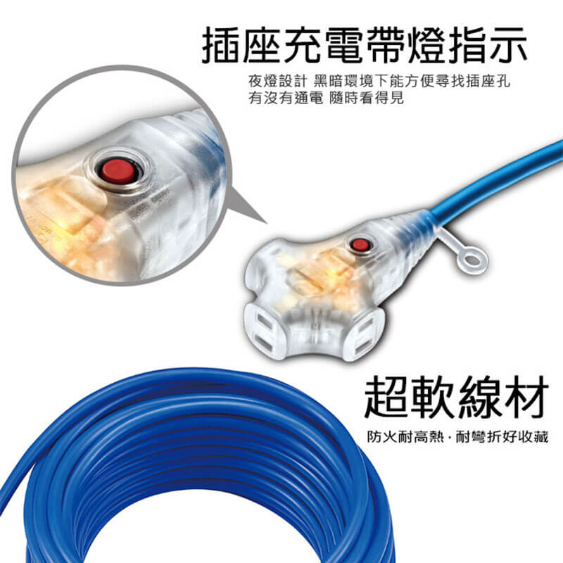 台灣製【太星電工2P 3插座附燈動力軟線】15A 防火 便利吊環 動力線 延長線 戶外延長線