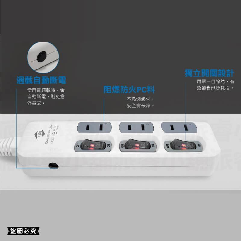 台灣製~微笑標章認證【威電 3開3插延長線】過載斷電 防火材質 延長線 獨立開關 2P 3P