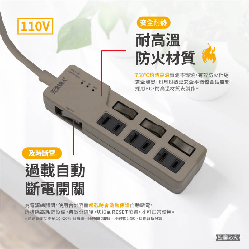 【BiBi聲AI過載警報延長線】1.8M 總開關 獨立開關 過載蜂鳴 100分貝警鈴 延長線 3P 2P